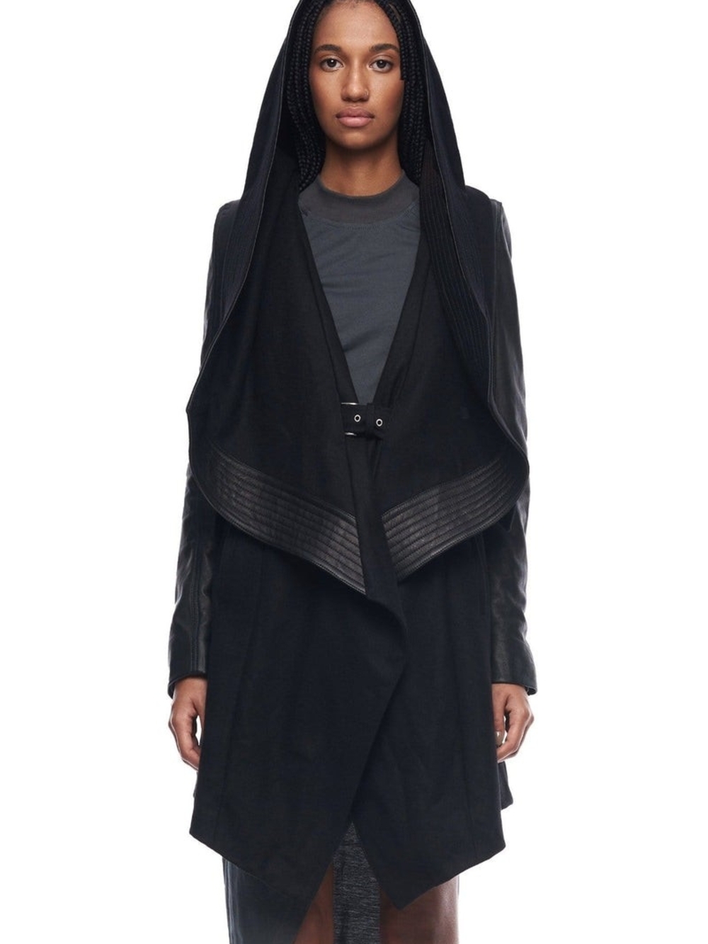 Skingraft Jonny Cota Black Draped Hooded Leather-Trim Coat S
